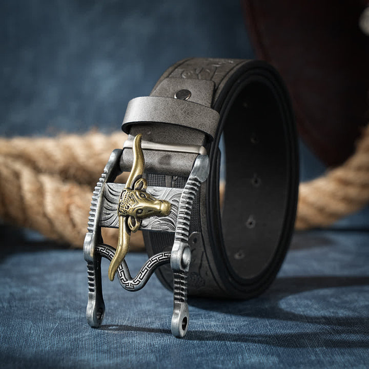 Rodeo Longhorn Steer Bull Head Hollow Buckle Leather Belt - Grau - 38 - image 2