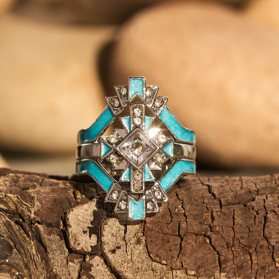 Statement-Ring im Vintage-Stil mit geometrischem Muster, ethnisch inspirierter Ring mit Kristallintarsien, perfektes Geschenk für Partys - Silber - US 10 - image 0