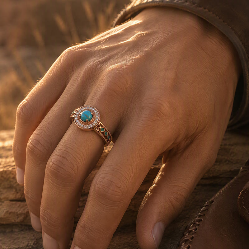 Vintage runder Ring mit simuliertem Türkis-Halo, ethnischer Hohlmetallring - image 1