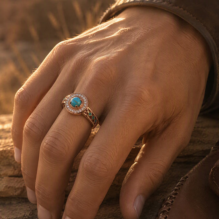 Vintage runder Ring mit simuliertem Türkis-Halo, ethnischer Hohlmetallring - image 1