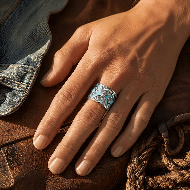 Retro-Ring mit geometrischem Muster und Imitationstürkis, breitem Band, Statement-Ring für Damen - image 1