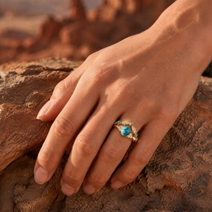 Retro-Bohemia-Ethno-Stil Goldfarbener, stapelbarer Statement-Ring mit Imitation von Türkis - image 1