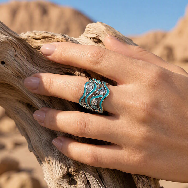 Statement-Ring für Damen mit geschichteten Wellenmustern, Emaille und Stein - image 1