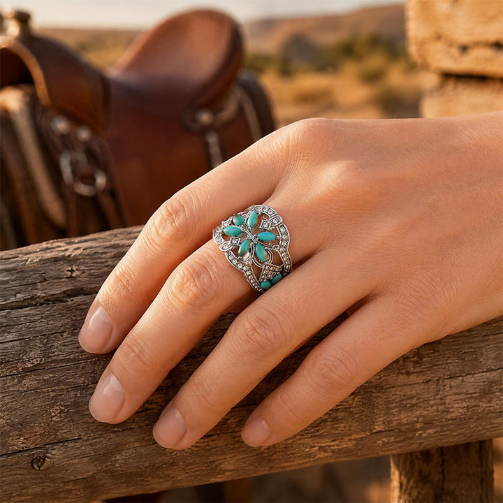Retro-Ring im Ethno-Stil, hohl, breit, mit simuliertem Türkis und Kristallen - image 1