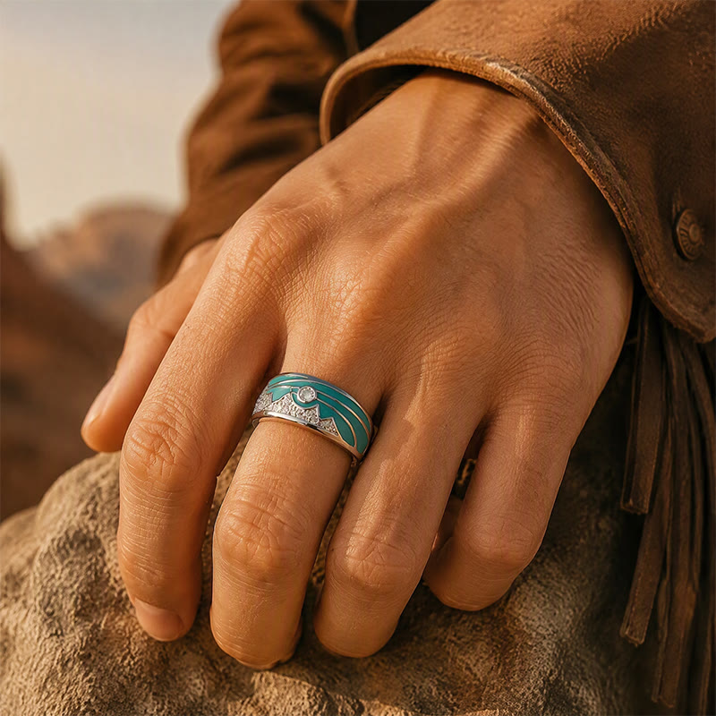 Vintage Ring mit Berg- und Sonnenmuster, Emaille, Zirkonia, Silber, breites Band - image 1