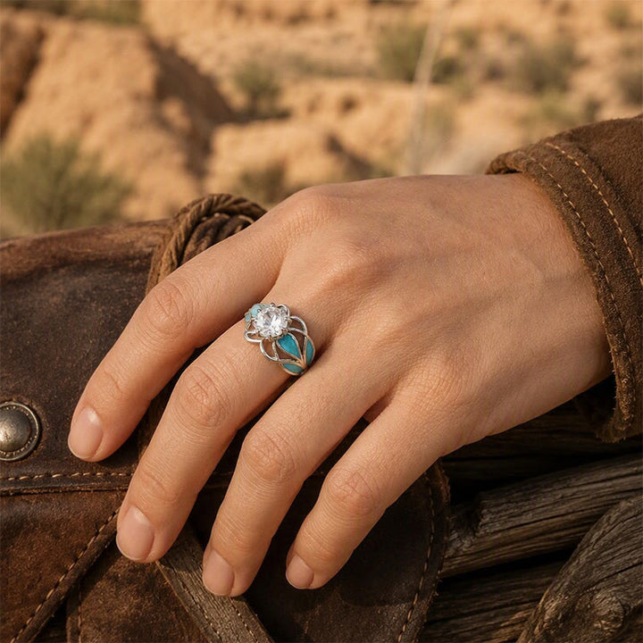 Vintage Damenring mit Blumenmuster, Emaille und Zirkonia - image 1