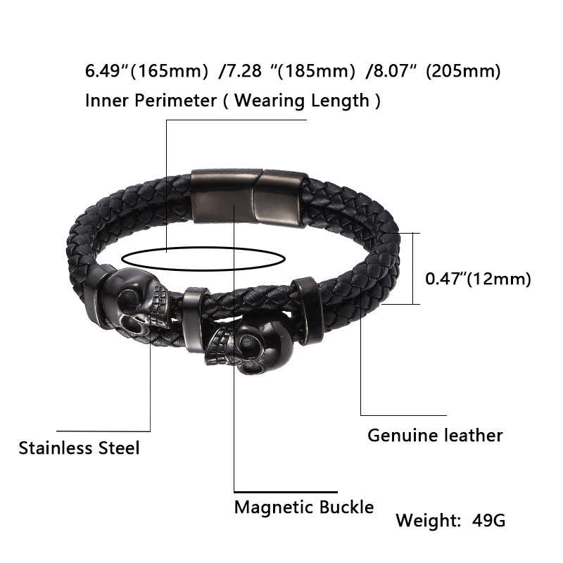 Gothic Doppel-Totenkopf-Armband aus geflochtenem Echtleder - image 4