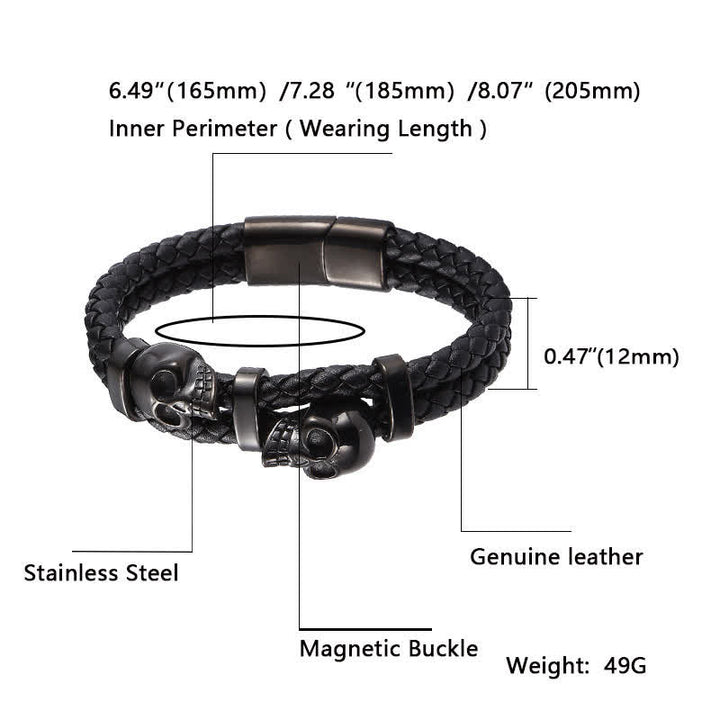 Gothic Doppel-Totenkopf-Armband aus geflochtenem Echtleder - image 4