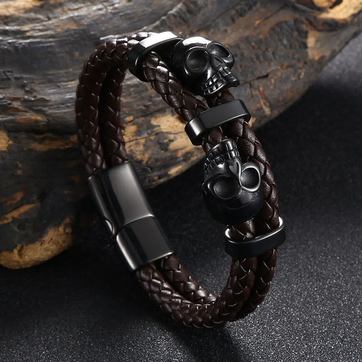 Gothic Doppel-Totenkopf-Armband aus geflochtenem Echtleder - Braun - 8,07" / 20,5 cm - image 8