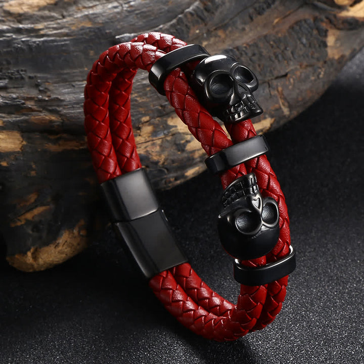 Gothic Doppel-Totenkopf-Armband aus geflochtenem Echtleder - Rot - 8,07" / 20,5 cm - image 5