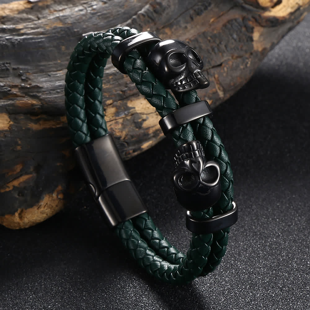 Gothic Doppel-Totenkopf-Armband aus geflochtenem Echtleder - Grün - 8,07" / 20,5 cm - image 7