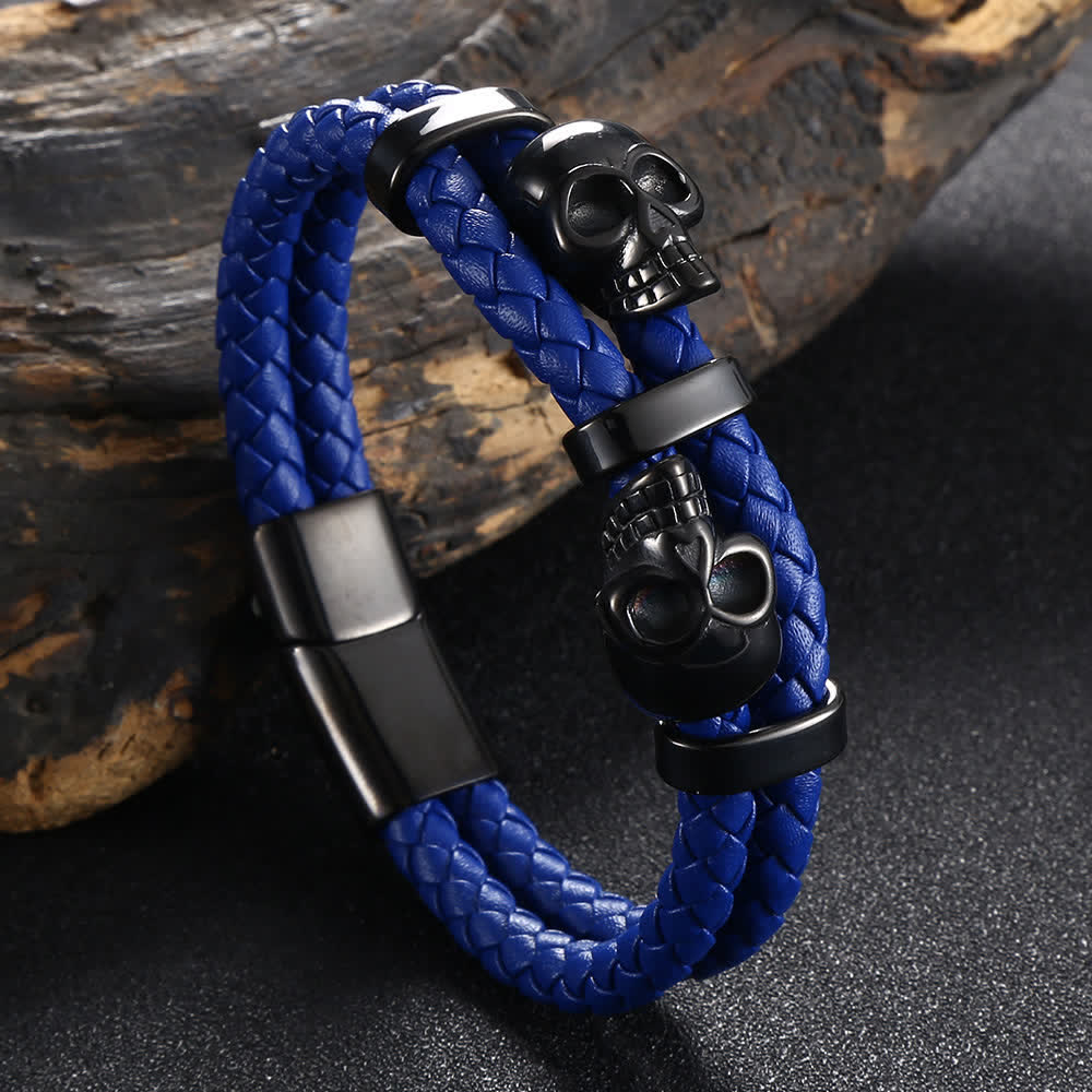 Gothic Doppel-Totenkopf-Armband aus geflochtenem Echtleder - Blau - 8,07" / 20,5 cm - image 6