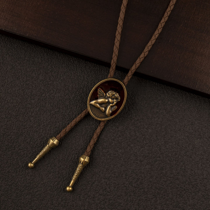Vintage Cupid Angel Emaille Western Lederkordel Bolo Krawatte - Braun & Bronze - image 1