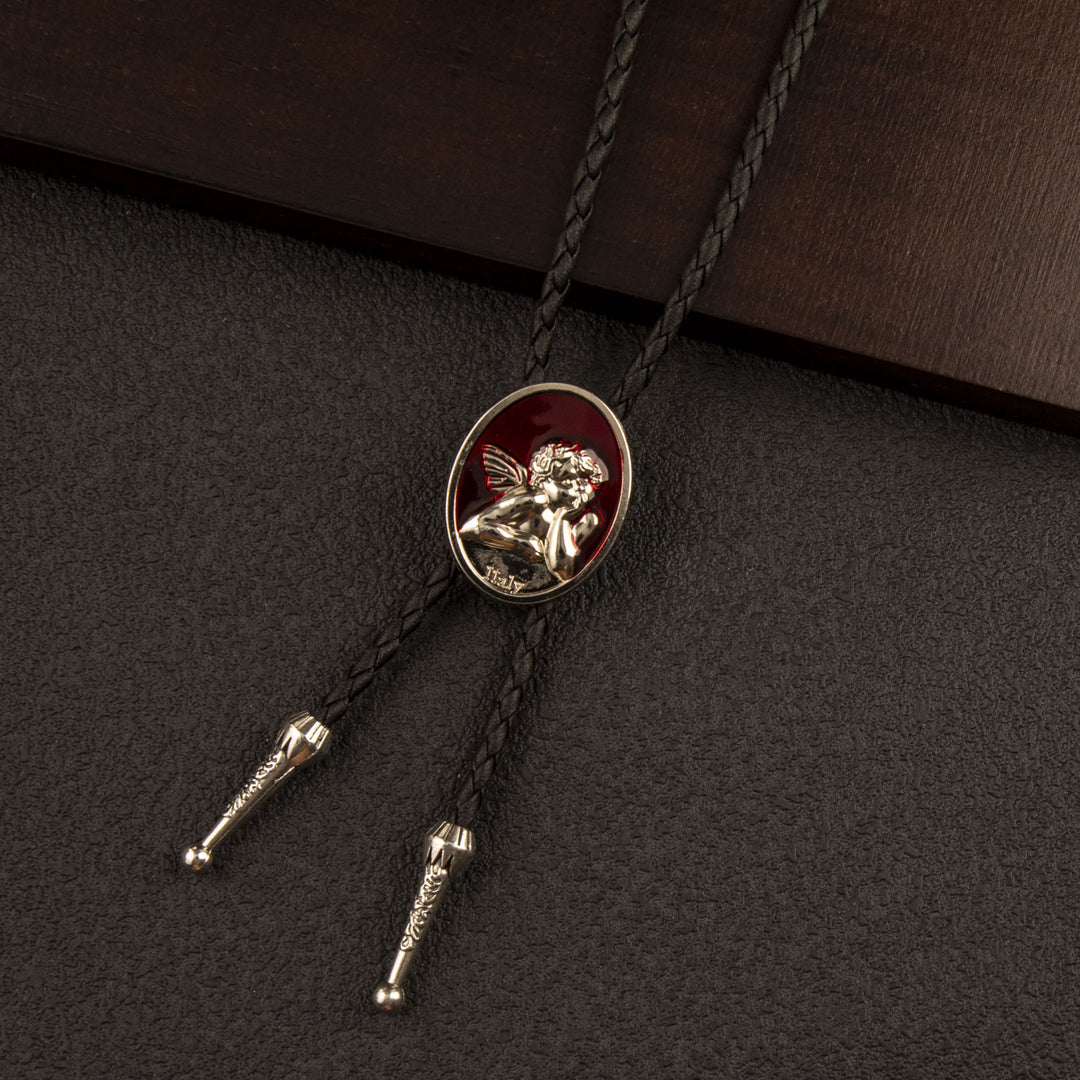 Vintage Cupid Angel Emaille Western Lederkordel Bolo Krawatte - Schwarz & Silber - image 3
