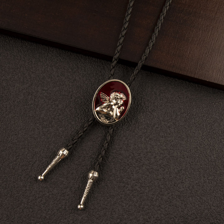 Vintage Cupid Angel Emaille Western Lederkordel Bolo Krawatte - Schwarz & Silber - image 3