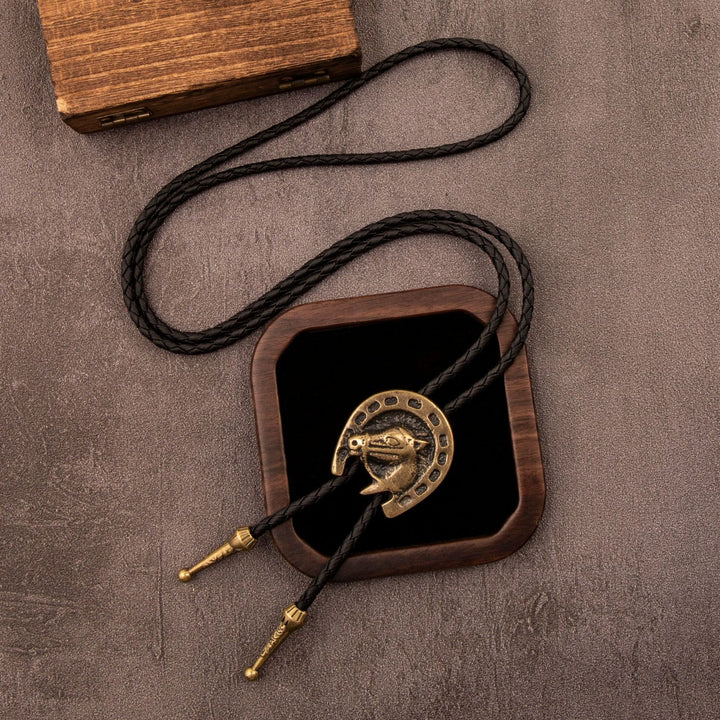Vintage Western Bolo Krawatte Leder Pferdekopf Halskette - Schwarz - image 2