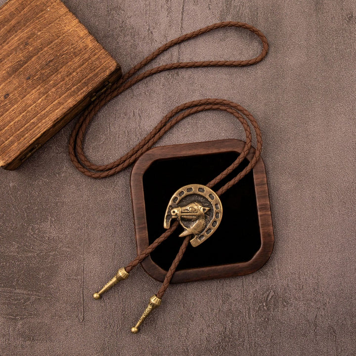 Vintage Western Bolo Krawatte Leder Pferdekopf Halskette - Braun - image 1