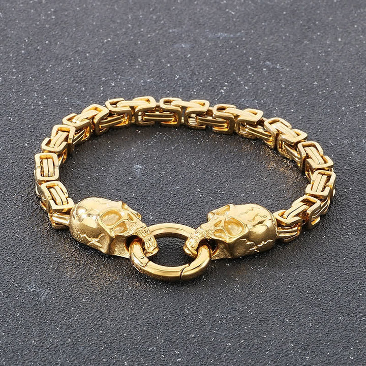 Doppelte Totenkopfkette, schweres, klobiges Biker-Armband - Gold - 9,06 Zoll / 23 cm - image 9