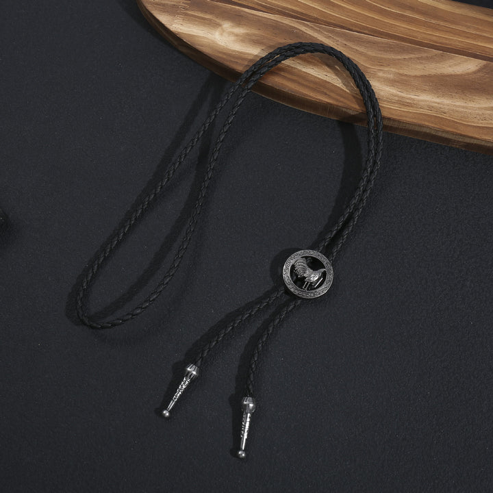 Vintage Western Bolo-Krawatte für Herren aus geflochtenem Leder mit Hahn-Motiv - Silber - image 1