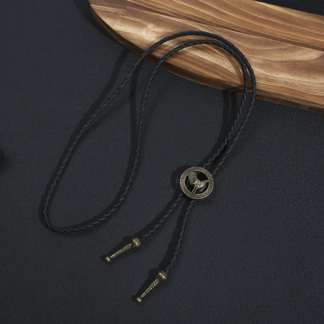 Vintage Western Bolo-Krawatte für Herren aus geflochtenem Leder mit Hahn-Motiv - Bronze - image 3
