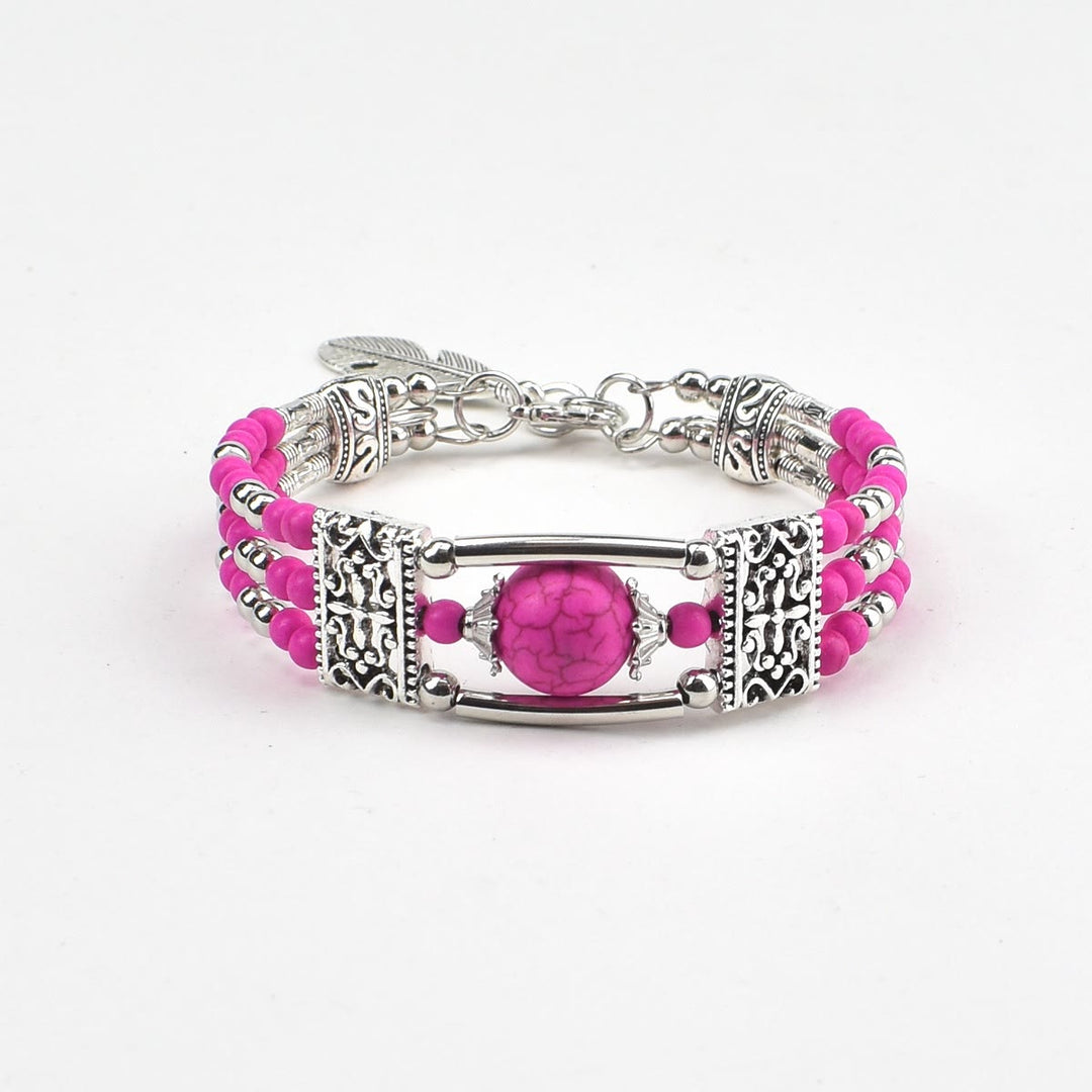 Boho-Cowgirl-Armband mit drei Lagen türkisfarbenen Perlen - Knallpink - image 6