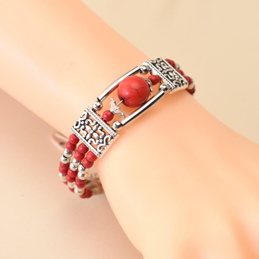 Boho-Cowgirl-Armband mit drei Lagen türkisfarbenen Perlen - Rot - image 2