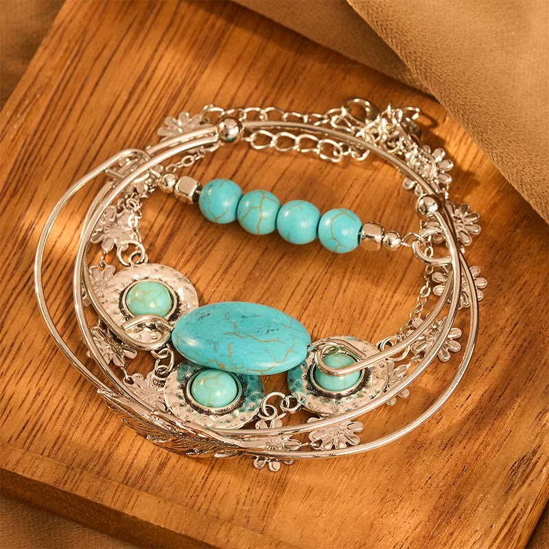 5-teiliges Armbandset „The Desert Muse“ mit Türkisfedern und Blüten - image 1