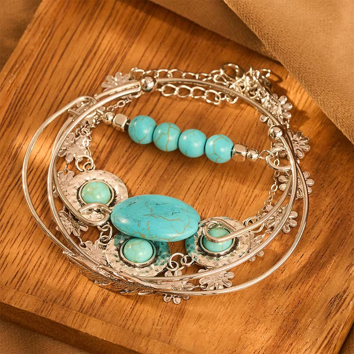 5-teiliges Armbandset „The Desert Muse“ mit Türkisfedern und Blüten - image 1