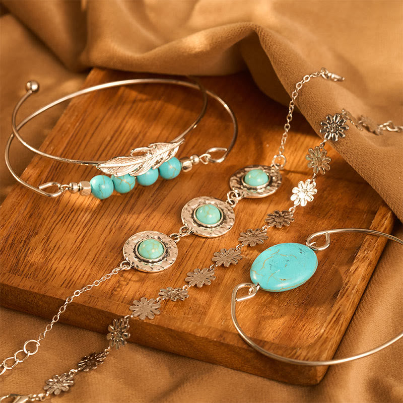 5-teiliges Armbandset „The Desert Muse“ mit Türkisfedern und Blüten - image 0