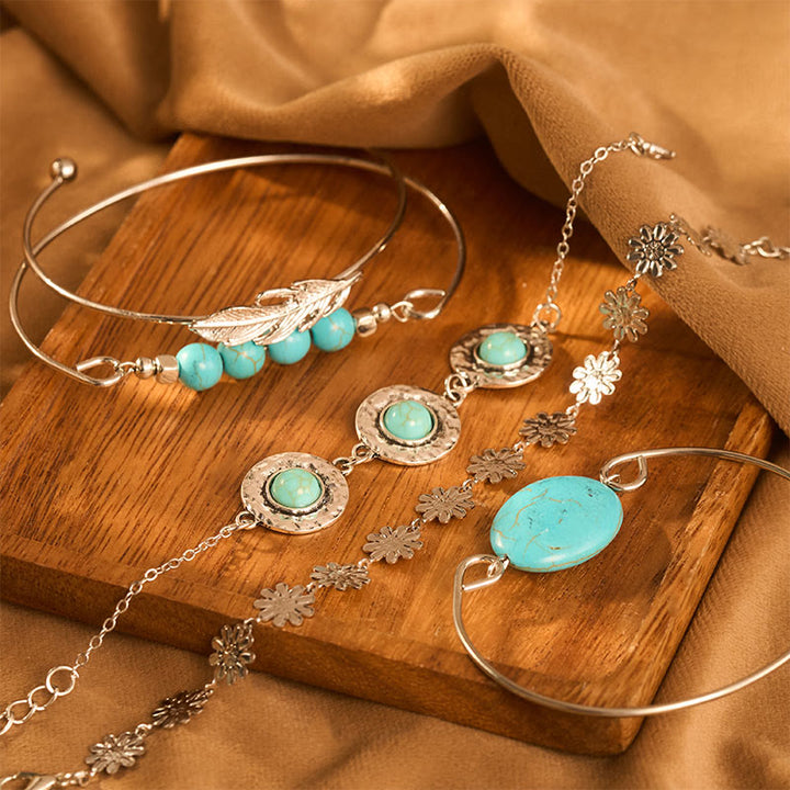 5-teiliges Armbandset „The Desert Muse“ mit Türkisfedern und Blüten - image 0