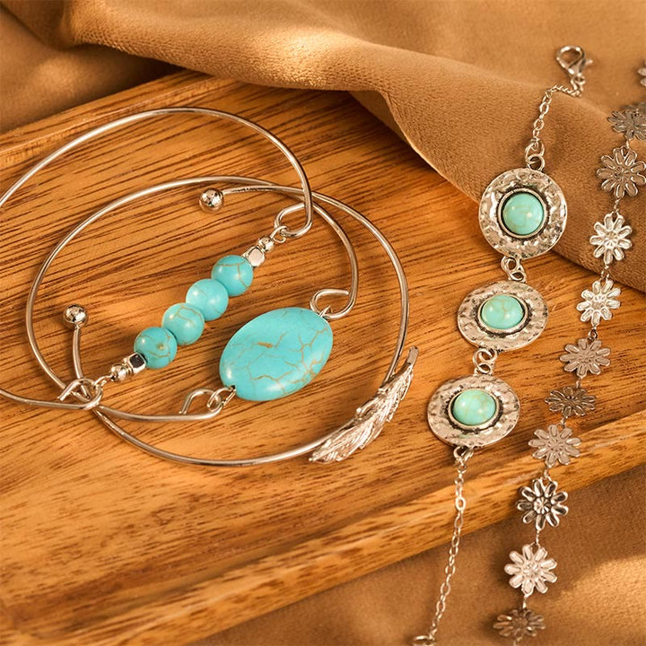 5-teiliges Armbandset „The Desert Muse“ mit Türkisfedern und Blüten - image 2