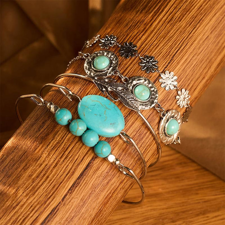 5-teiliges Armbandset „The Desert Muse“ mit Türkisfedern und Blüten - 5 Stück - image 3