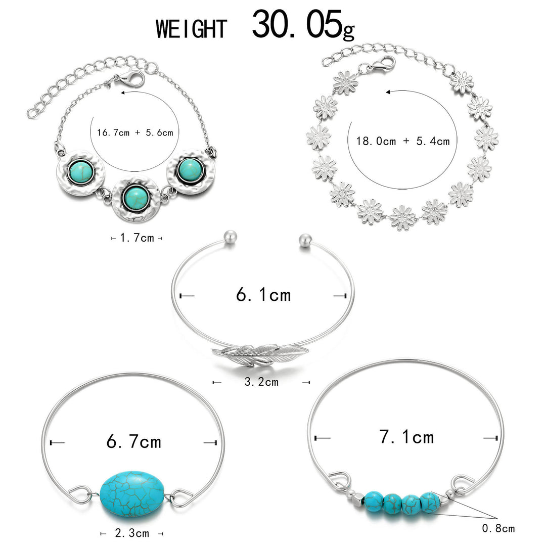 5-teiliges Armbandset „The Desert Muse“ mit Türkisfedern und Blüten - image 4