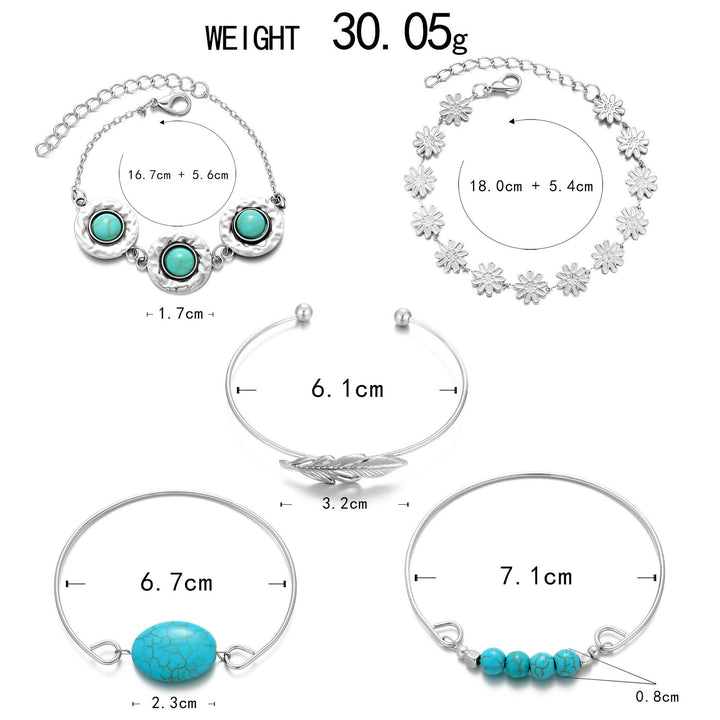 5-teiliges Armbandset „The Desert Muse“ mit Türkisfedern und Blüten - image 4