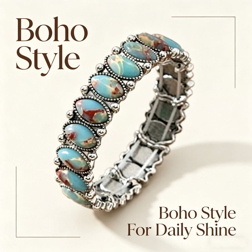 Vintage Boho Ovales Weißes Türkis Silberfarbenes Geätztes Stretcharmband - Blau - image 2