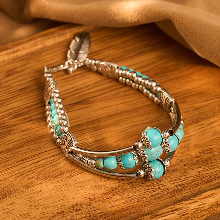 Boho Vintage Dreilagiger Türkisfeder-Armreif in Antiksilber - image 1