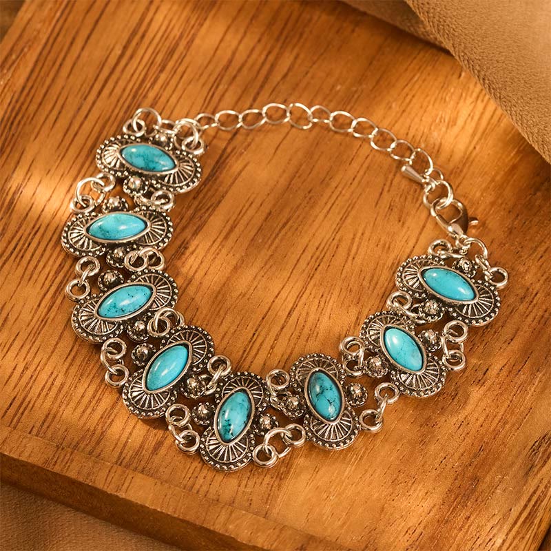 Vintage Boho Armband aus getürkisfarbenem, antiksilbernem, geschnitztem Gliederarmband im Marquise-Stil - image 2