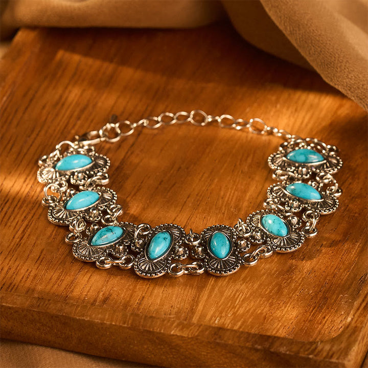 Vintage Boho Armband aus getürkisfarbenem, antiksilbernem, geschnitztem Gliederarmband im Marquise-Stil - image 0