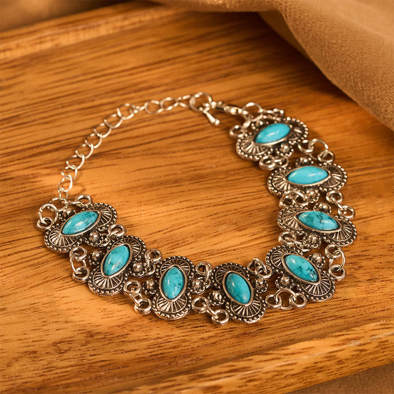 Vintage Boho Armband aus getürkisfarbenem, antiksilbernem, geschnitztem Gliederarmband im Marquise-Stil - image 3