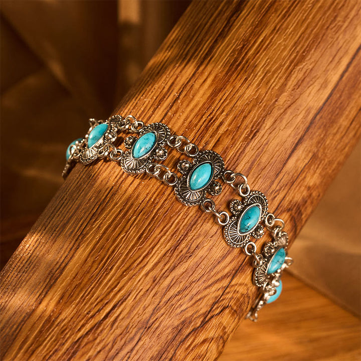 Vintage Boho Armband aus getürkisfarbenem, antiksilbernem, geschnitztem Gliederarmband im Marquise-Stil - image 4