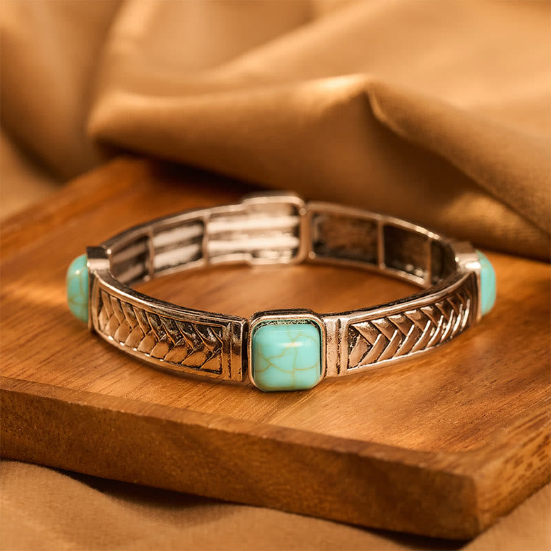 Vintage-Armreif im Tribal-Stil, quadratisch, türkis, silberfarben, geätzt - Silber - image 0