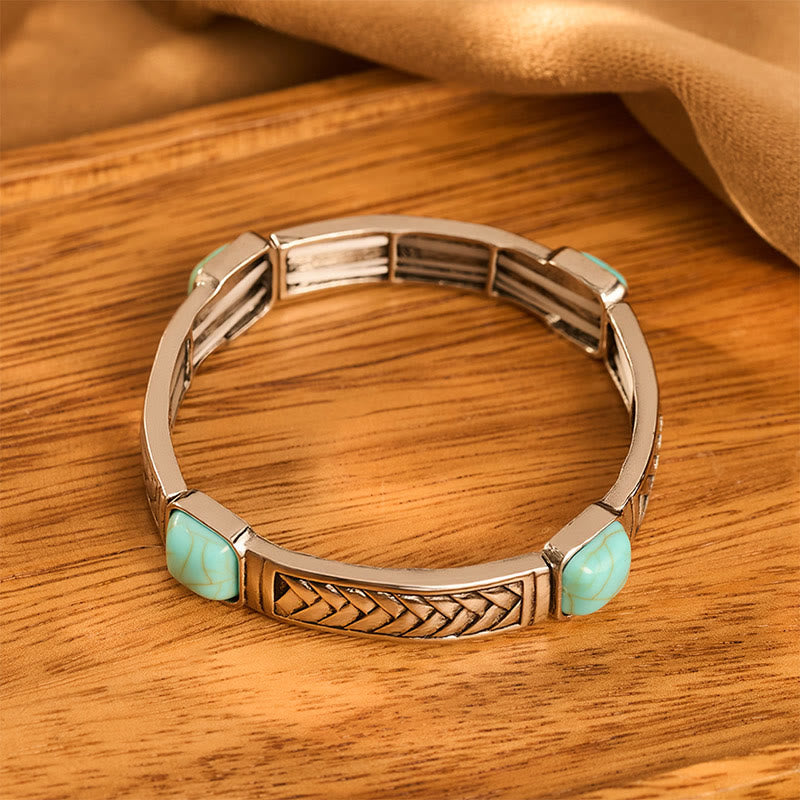 Vintage-Armreif im Tribal-Stil, quadratisch, türkis, silberfarben, geätzt - image 1