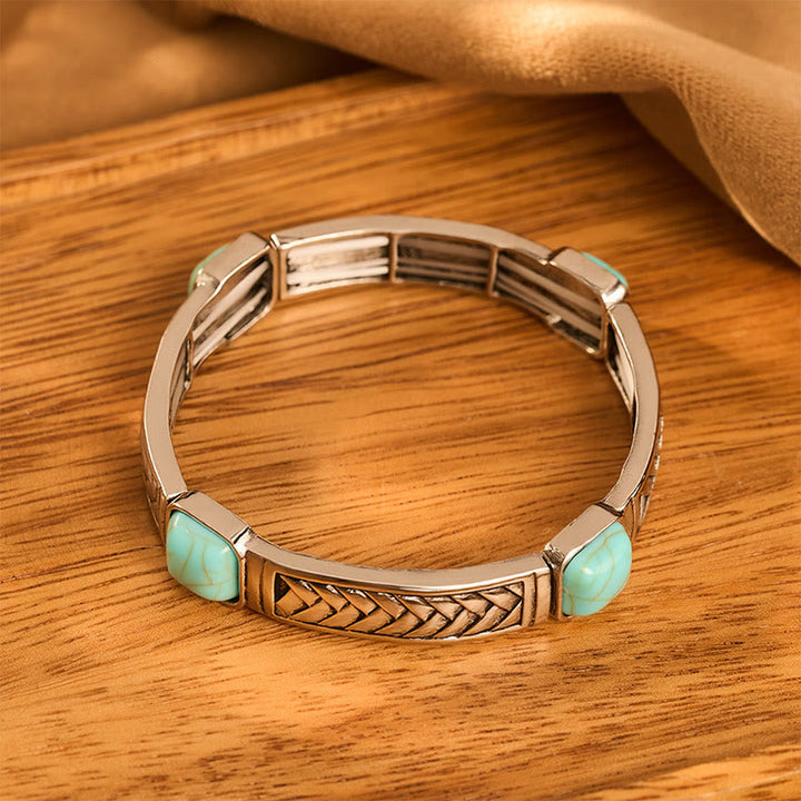 Vintage-Armreif im Tribal-Stil, quadratisch, türkis, silberfarben, geätzt - image 1