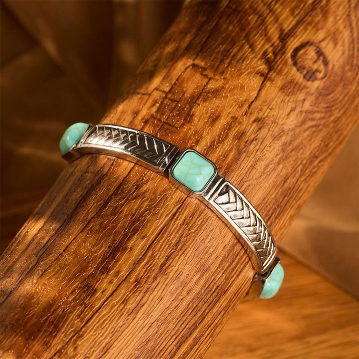 Vintage-Armreif im Tribal-Stil, quadratisch, türkis, silberfarben, geätzt - image 2