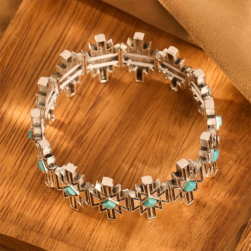 Vintage Boho Diamant-Türkis Silberfarbenes geätztes verstellbares Gliederarmband - image 1