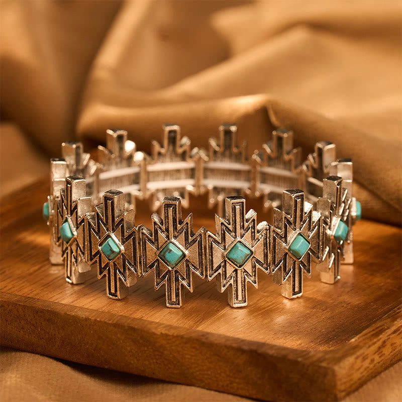 Vintage Boho Diamant-Türkis Silberfarbenes geätztes verstellbares Gliederarmband - Blau - image 0