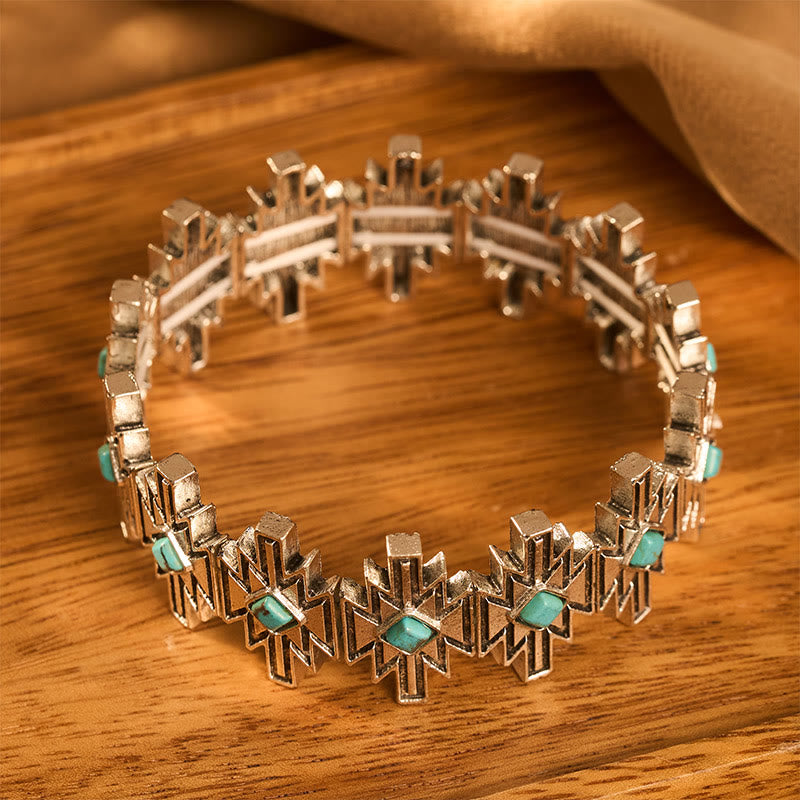Vintage Boho Diamant-Türkis Silberfarbenes geätztes verstellbares Gliederarmband - image 2