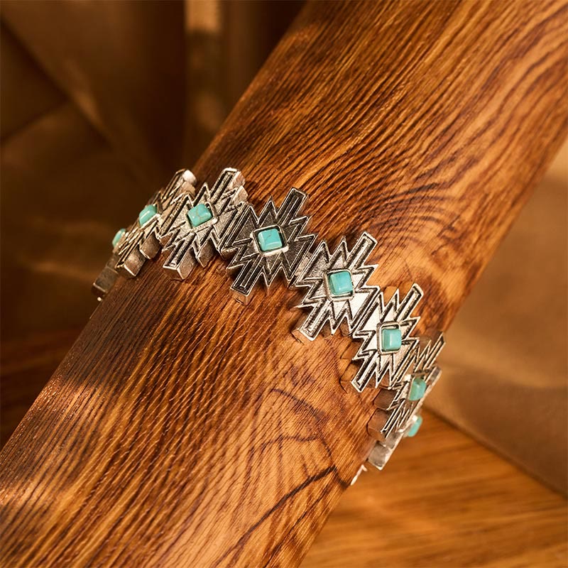 Vintage Boho Diamant-Türkis Silberfarbenes geätztes verstellbares Gliederarmband - image 3