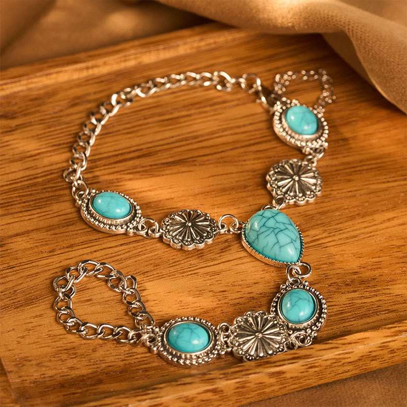 Vintage Boho Oval Tropfenförmiges Armband aus rotem Türkis und silberfarbenem floralem Muster mit Kette und Tragegurt - image 0