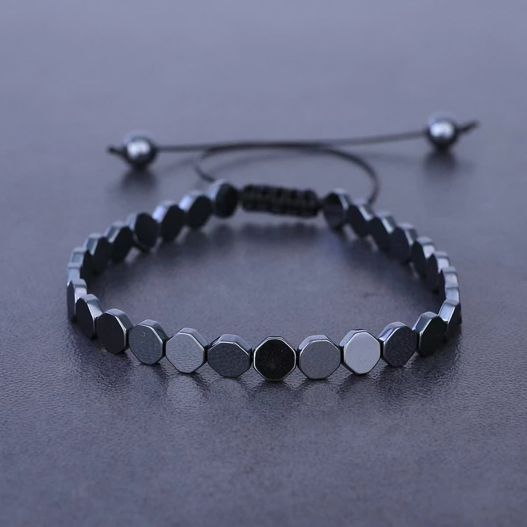 Verstellbares geflochtenes Armband aus schwarzem Hämatitperlen - Hexagon - image 1